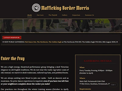 Screenshot of Mafficking Border Morris homepage showcasing group branding and event listings