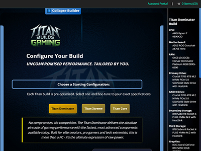 Screenshot of Titan Builds e-commerce platform and dynamic PC configurator interface