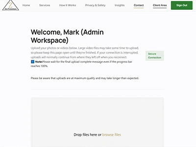 Screenshot of Zen Promotions client portal featuring resumable TUS video upload pipeline